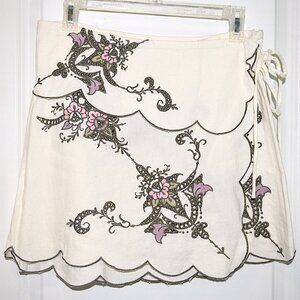 NWT By Anthropologie Scalloped, Floral-Embroidered Mini Wrap Skirt
